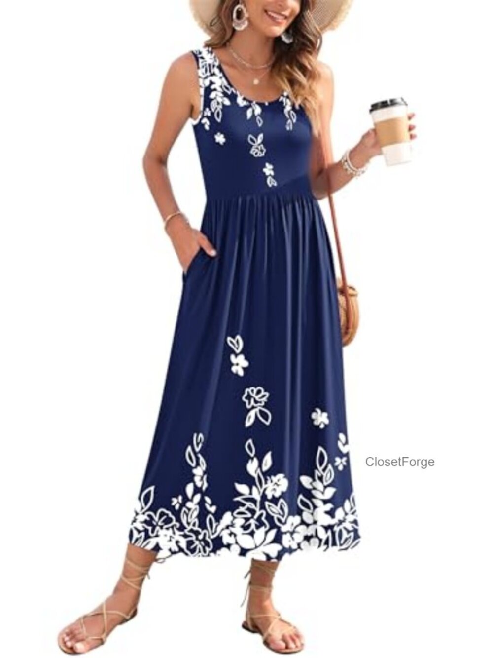 Sleeveless Floral Maxi Dress with Pockets Lightweight A-Line Sundress